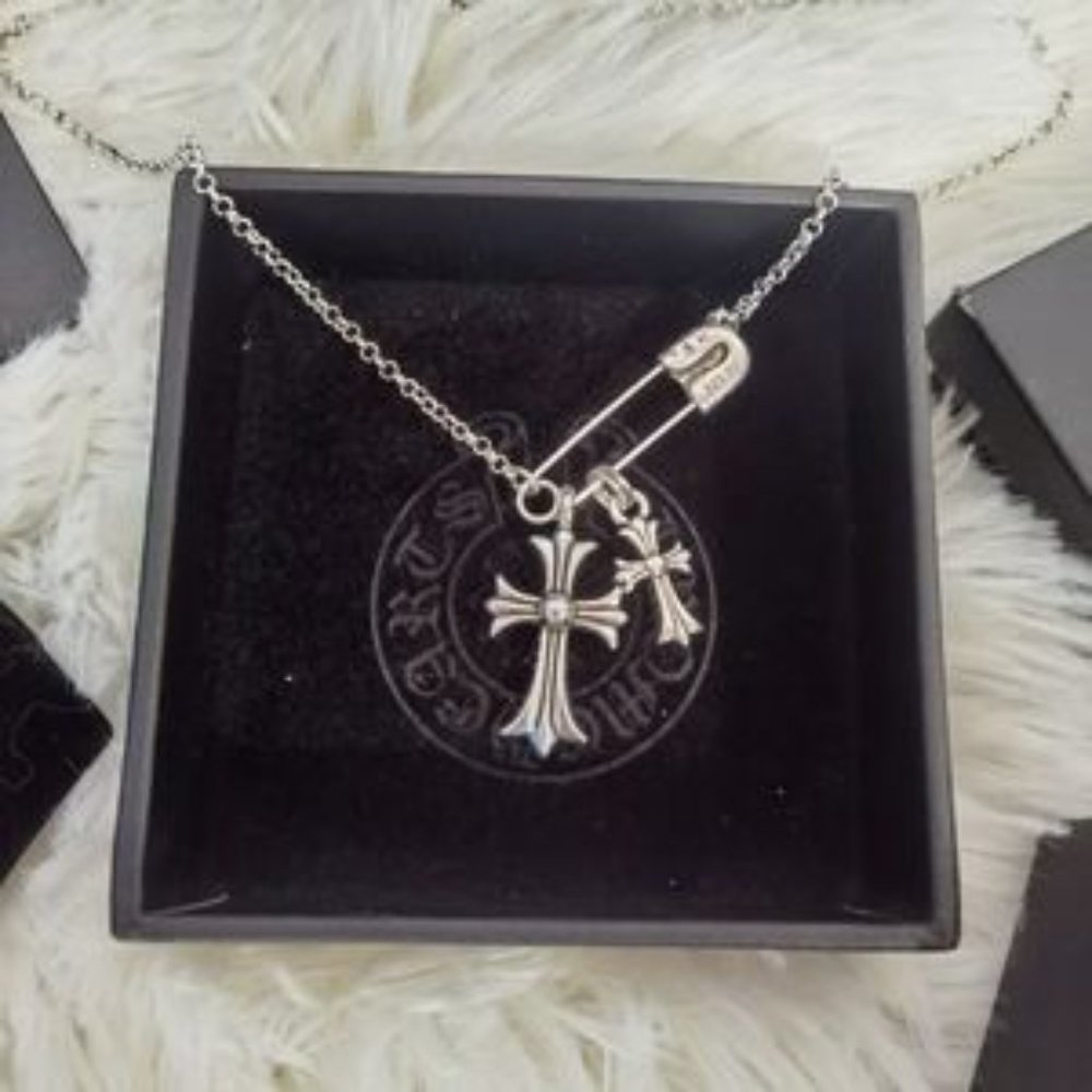 Chrome Hearts 925 Silver Double Cross Necklace Pendant Unisex For Women Men